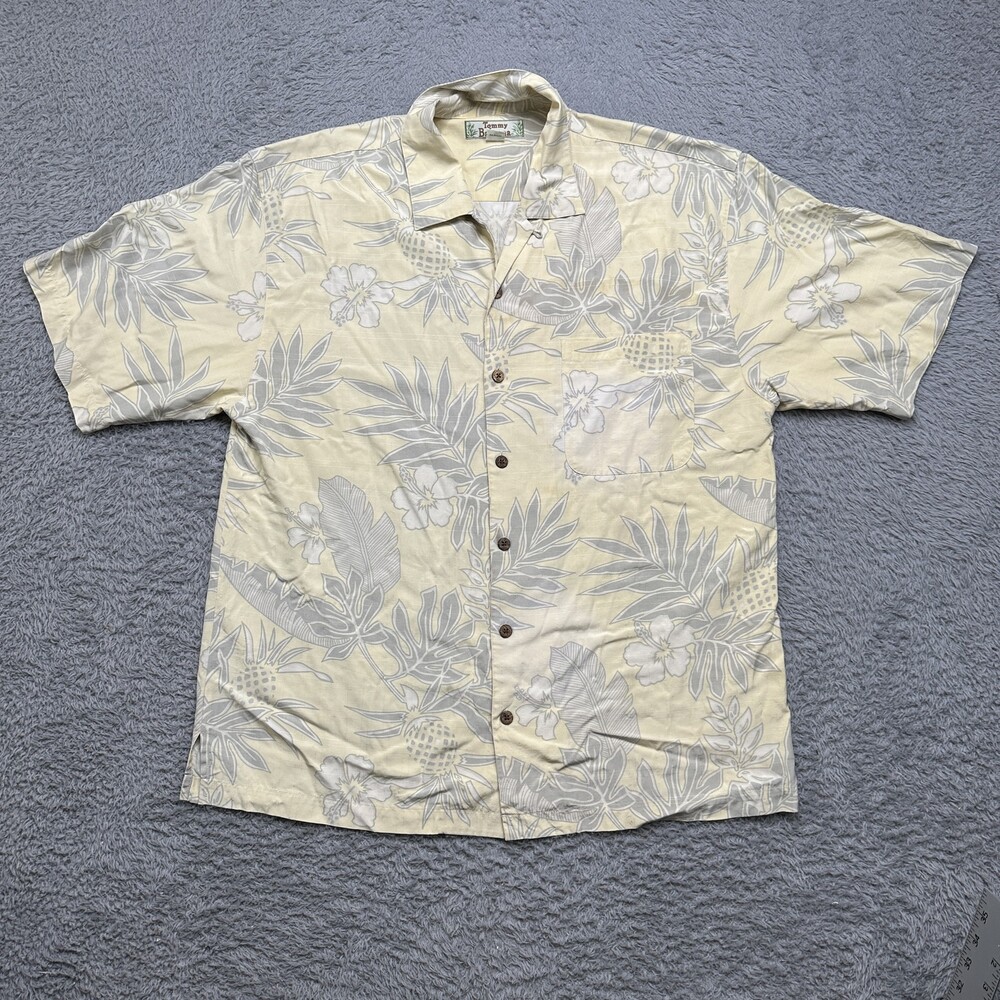 Vintage Tommy Bahama Camp Shirt Mens L Yellow Silk Tropical Floral Faded Stained